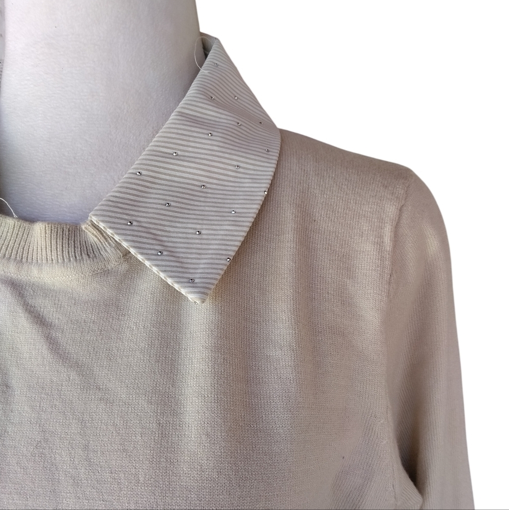 La Vila Milano Oatmeal Layered Look Rhinestone Detail Sweater Preppy Size Medium - Picture 3 of 8